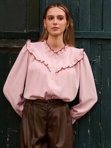 lacRébo Pastel Pink Blouse With Contrast Seam Ruffle Detail And Long Sleeves Spring Women Clothes Spring Outfits Spring Women Clothes Spring Summer Office Top Business Casual Top - Baby Pink - View 1