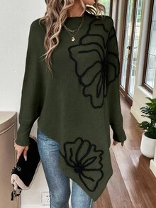 EMERY ROSE Women's Fashionable Color Block Round Neck Batwing Sleeve Long Asymmetrical Hem Sweater - Green - View 4