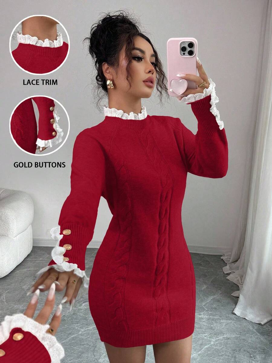 Elenzga 秋冬长袖扭绳圆领蕾丝边杏色连衣裙 - 紅色 - 查看 1