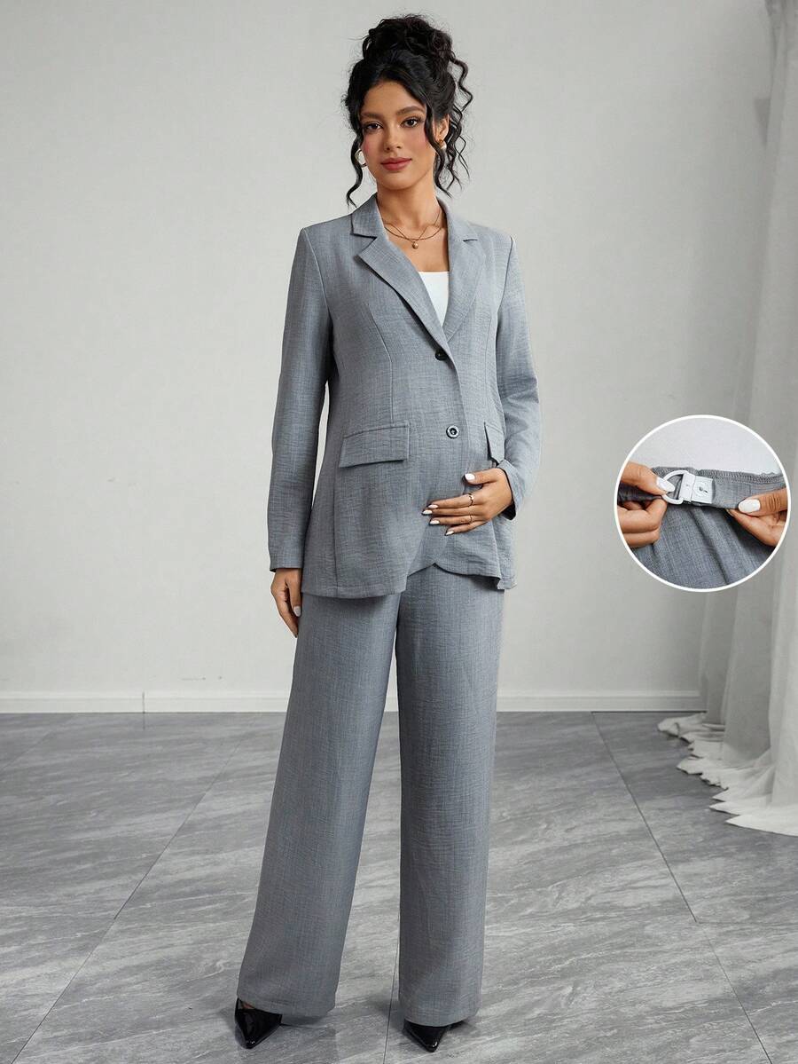 SHEIN 休闲舒适纯色外套和裤子孕妇套装 - 灰色 - 查看 1