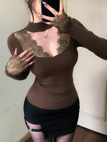 DAZY Women's Contrast Lace Hollow Out Fitted Long Sleeve Sweater, White, Spring/Autumn - Brown - View 5