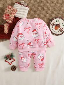 Playful Pals 2件套女婴圣诞老人蝴蝶结印花长袖运动衫和裤子套装 - 粉色 - 查看 2