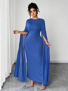 Elenzga Women's Elegant Round Neck Sequin Pleated Dolman Sleeve Dress - Navy Blue - View 3