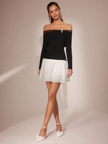 Enchnt Maglia a maniche lunghe da donna in maglia aderente, con decorazione in perle, patch in rete, scollo a spalle scoperte, adatta per feste, appuntamenti, vacanze, laurea, uscite, Ognissanti, Natale, autunno, Capodanno