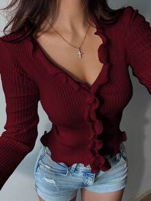 SHEIN Unity Áo len nữ dáng ôm, viền bèo nhún gợn sóng màu trắng - Đỏ - Xem 3