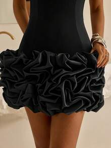 Vowa Elegante vestido ajustado con escote en V, hombros descubiertos, parches de punto marrón, volantes florales en el bajo, adecuado para citas, vacaciones, cumpleaños, bodas, graduaciones, fiestas de cóctel