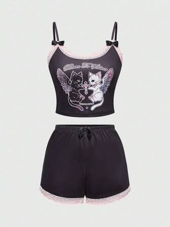 Conjunto de pijama de mujer con camiseta de tirantes con estampado de gato ángel gótico y blanco y negro, y shorts negros bordados con gato