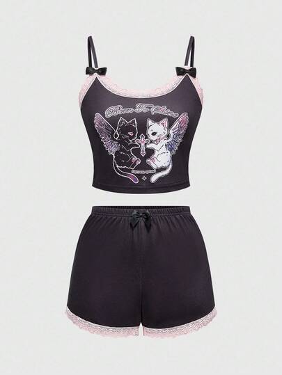 Women's Gothic Y2K Black & White Angel Cat Cross Bowknot Camisole & Embroidered Black Cat Shorts Pajama Set