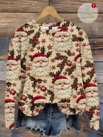 SHEIN LUNE Cappello di Babbo Natale in pelliccia sintetica, felpa ampia da donna con stampa minimalista casual, collo equipaggio, adatta per autunno/inverno