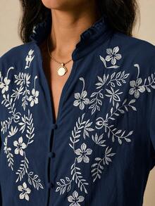 Poéselle 女士花卉刺绣前襟纽扣翻领长袖衬衫 - 藏蓝色 - 查看 6