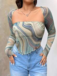 SHEIN EZwear Top de malla tejida transparente de talla grande para mujer con dobladillo asimétrico y estampado marmoleado - Multicolor - Ver 5