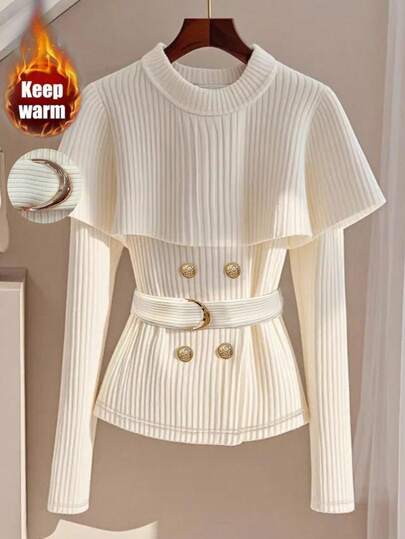 GlowEve Women's Apricot Knit Blouse, Elegant Poncho Collar High-End Soft Sweater Top, New Arrival Early Autumn