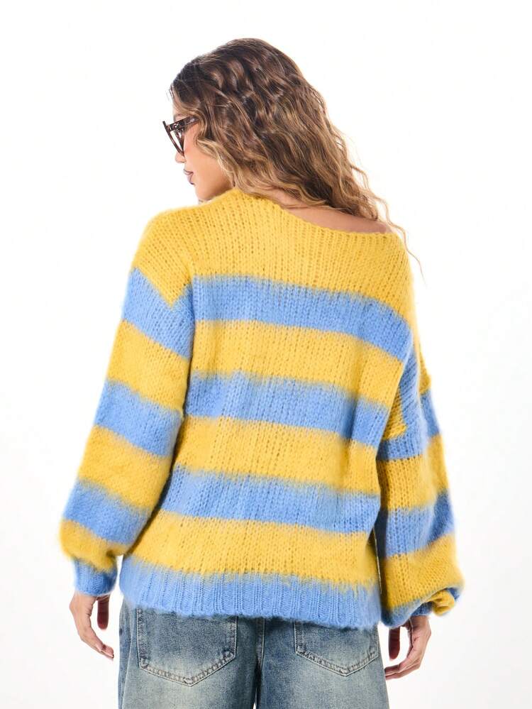 SUMWON Soft Chunky Knit Balloon Sleeve Oversized Sweater Thick Warm Color Block Fall Winter Pullover Jumper With Ribbed Cuffs And Hem Collegiate Knitwear