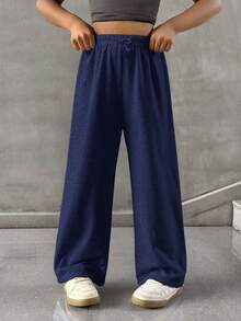 SHEIN Tween Girl Summer Simple Front Tie Loose Sweatpants, Casual Daily Wear - Navy Blue - View 6