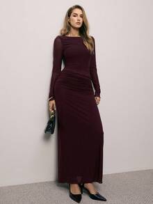 ATUI Studio Elegantes minimalistisches Mesh-Langarmoberteil & geraffter Midi-Rock Set, minimalistisch elegante Lässig Pendler-Bürokleidung, Langarm figurbetontes Crew-Neck-Top + regulär geraffter figurbetonter Midi-Rock, modische Pendler-Garderobe, Damen Strandoutfit, Flughafen-Outfit, Urlaubsoutfit, Lehrer-Outfit