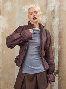 COUREZ Ruched Zip Up Nylon Coat, Y2K  Going Out Spring Chic Streetwear Casual Festivals Coat - Brown - View 4