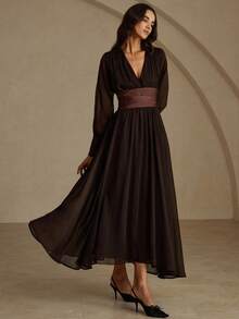 Aveloria Modichic European & American Style V-Neck Satin Belt Fashion Versatile Commuting Flared Long Sleeve Dress, Autumn/Winter