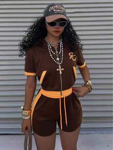 INAWLY Fitted Cropped Hooded Raglan Short Sleeve Cardigan Top + Low Waist Shorts - Multicolor - View 4
