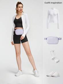 GLOWMODE FeatherFit™ U-Back Cropped Active Tank & 4.3" Tummy Control Biker Shorts Set Low Impact Yoga Daily - Black - View 9