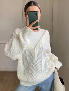DAZY Suéter de punto holgado y elegante de mujer con ajuste casual, estampado de parches y flores, cuello redondo y manga larga, para otoño/invierno - Blanco - Ver 1
