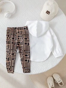 SHEIN Baby Mädchen süßes lässiges Set aus Langarm T-Shirt mit Cartoon Muster und karierter Hose