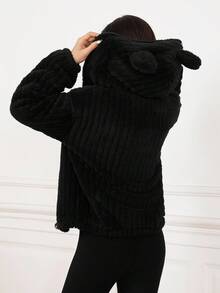 SHEIN Teen Girls Autumn And Winter Casual Black Solid Double-Faced Fleece Mid-Weight Hooded Jacket With Cute Ear Shape Details, Suitable For Halloween, Christmas, Spring Festival, Girls' Jacket - Black - View 2