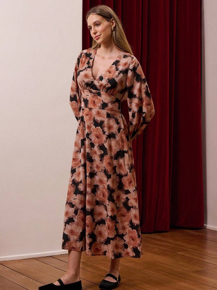 Maxi Dress With Floral Print, Deep V-Neckline, And Long Sleeves Spring Summer Fall Women Clothes Spring Summer Office Dress Business Casual Dress