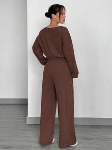 SHEIN EZwear 女士纯色斜肩长袖短款卫衣和抽绳腰阔腿裤休闲套装，秋季 - 巧克力棕 - 查看 2