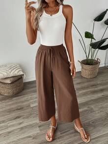 SHEIN PETITE CURVE Quần ống rộng màu trơn thường ngày cỡ lớn - Cà phê nâu - Xem 6