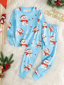2pcs Young Boy Blue Base Red Christmas Snowman Print Long Sleeve Snug Fit Pajama Set Little Boys Glow In The Dark Pjs Kids Christmas Pjs Glow In The Dark Pajamas Kids Christmas Pajamas