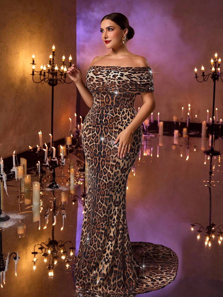 Glamrae Váy dạ hội đuôi cá hở vai họa tiết da báo sang trọng lãng mạn cỡ lớn