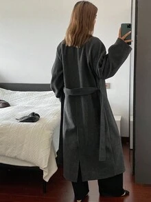 DAZY 女士秋季圆领系腰插肩袖针织毛衣女外套 - 灰色 - 查看 2