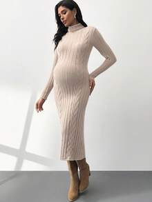 MaterniWear 孕妇休闲日常通勤简约纯色高领粗针织修身毛衣裙，秋冬