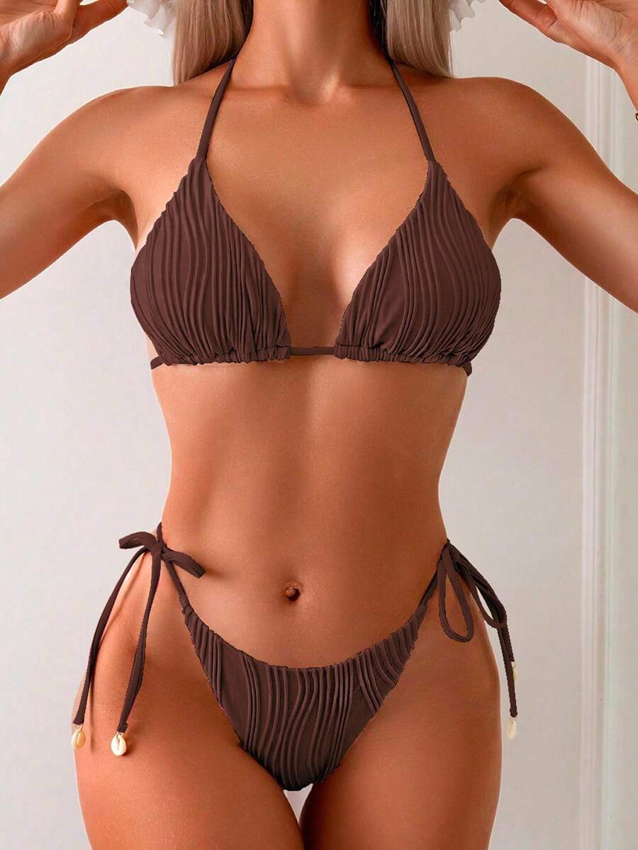 Swim Basics Springbreak Women's Solid Color Halter Tie Sexy Bikini Swimsuit Set, Special Fabric - Coffee Brown - View 1