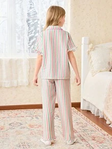 2 件套女童条纹印花荷叶边领短袖上衣 + 裤子睡衣套装，女童日常休闲家居服或睡衣，春夏 - 粉色 - 查看 2