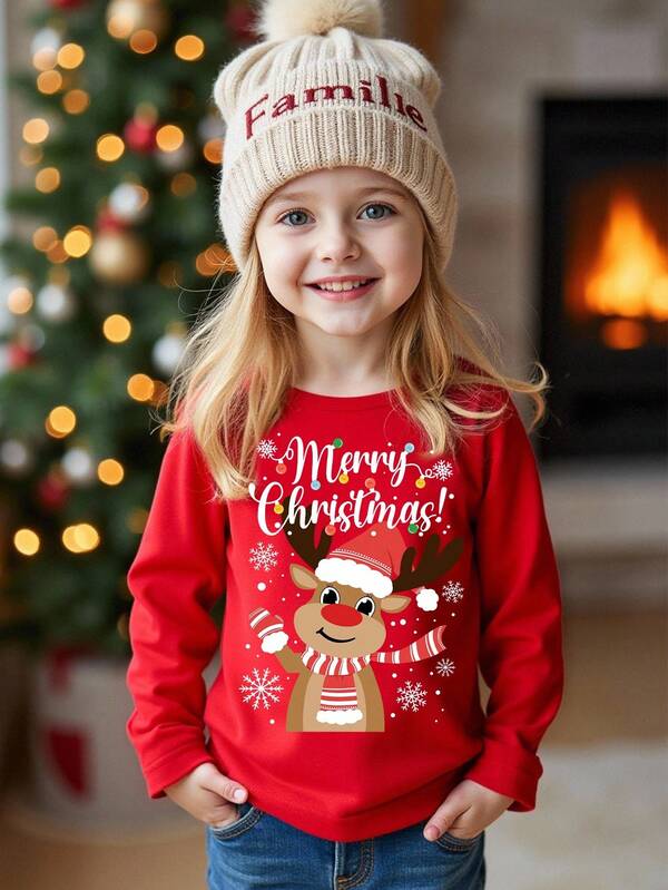 Christmas Outfit For Girls: Versatile, Fashion, Cute Christmas Reindeer & Letter Print Long Sleeve All-Match T-Shirt, Suitable For Christmas Party, All Seasons