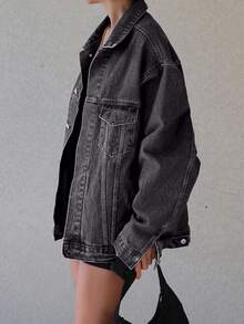 DAZY Women's Loose Fit Denim Jacket And Coat - Black - View 2