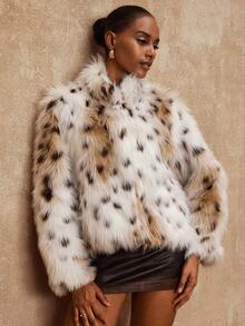 SHEIN Privé 女式动物印花长袖立领宽松仿皮草夹克 - 米色 - 查看 11