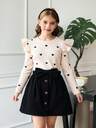 SHEIN Serisse Kids Tween Mädchen Lässig Süß & Elegant Gestricktes Herz Muster Rundhals Rüschen Pullover und Cord Schleife Dekor Minirock 2 Stücke Set, geeignet für tägliche Ausflüge, Herbst/Winter