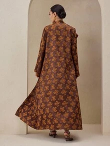 Graceveil Oversized Collar Contrast Color Long Sleeve Loose Autumn/Winter Outerwear Abaya Robe, Coffee Brown - Coffee Brown - View 2