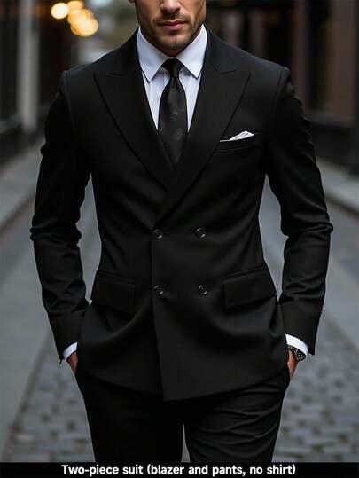 Calvornis 男士纯色缺角领长袖西装外套和裤子商务休闲两件套，春秋季