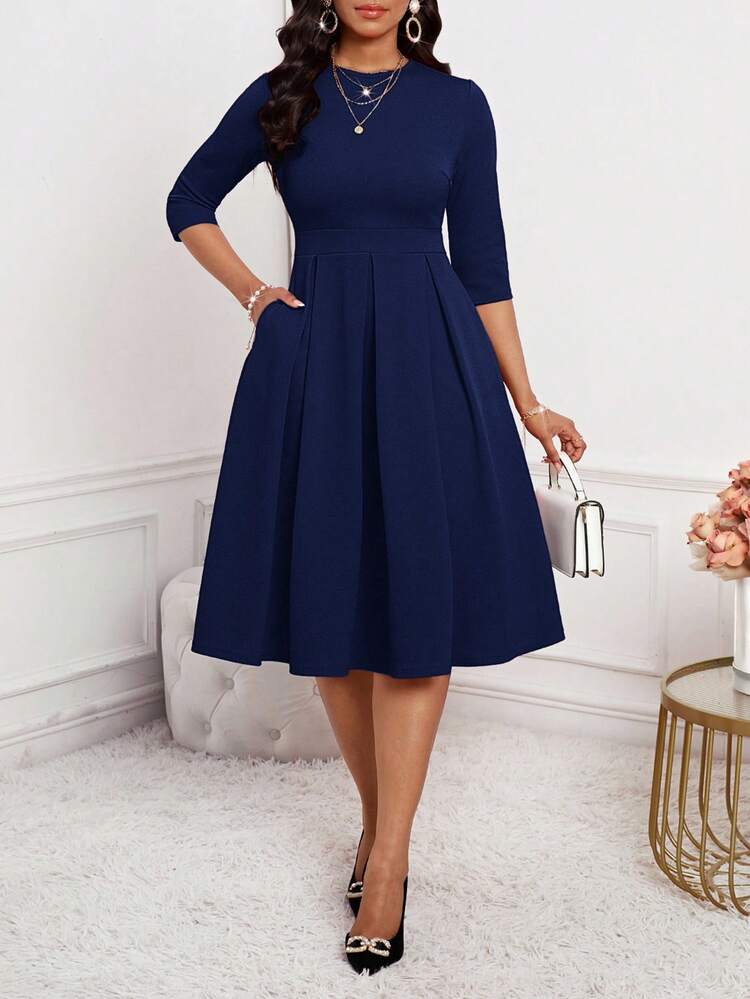 navy dress ladies SHEIN Lady New Spring, Summer, Autumn And Winter Elegant Office Party New Year Blue Dresses navy blue dress