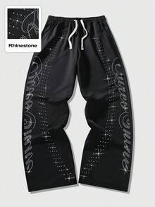 ROMWE MEN Street Life Calça de Moletom Reta com Aplicação de Strass Estilosa e Urbana - Preto - Visão 3