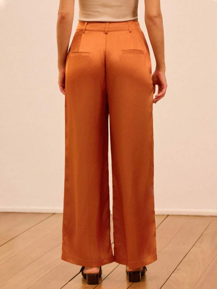 Karamellfarbene hochgeschnittene Satin-Bundfaltenhose mit weitem Bein, Herbst-Winter-Büro-Business-Lässig
