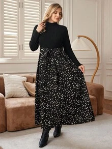 Rosumi 大尺碼拼接碎花長袖優雅休閒洋裝 花卉 秋季 教師節 正式 生日 晚宴 歡聚下午茶 黑白 - 彩色 - 查看 7
