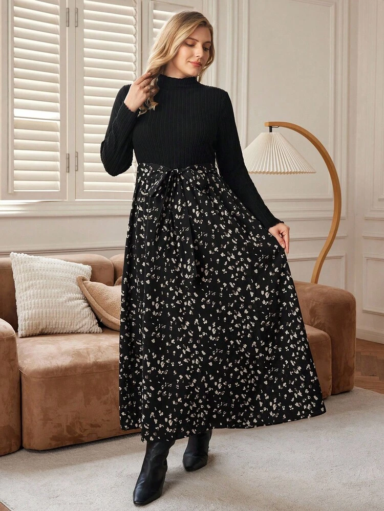 Plus Size Patchwork Ditsy Floral Long Sleeve Casual Dress, ,Flower/Spring/Summer/Vacation