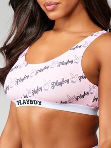 Missguided x Playboy Bralette 印花图案圆领运动风格松紧带套头衫舒适日常穿着时尚必备夏季春季女士运动休闲家居服 - 粉色 - 查看 5