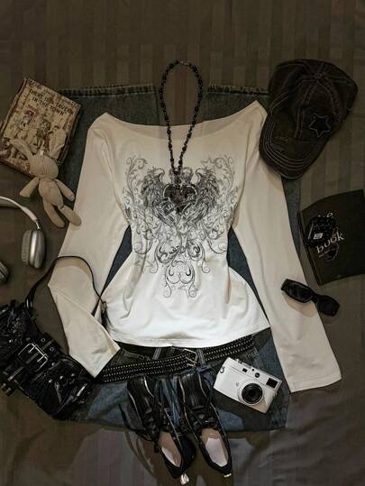 SHEIN EZwear Casual Retro Punk Fashion Versatile Comfortable Y2K, White Autumn New Scoop Neck Oblique Shoulder Frayed Edge Printed Long Sleeve Sexy Asymmetrical Neck Rolled Hem Pullover Vintage Heart Crown Floral Print T-Shirt For Women