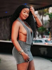 PeachySprinkles Women's Deep V Backless Halter Metallic Mini Dress