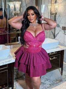 Flirla Plus Size Women Lace Camisole Backless Bodycon Dress, For Party/Everyday Wear - Purple - View 3